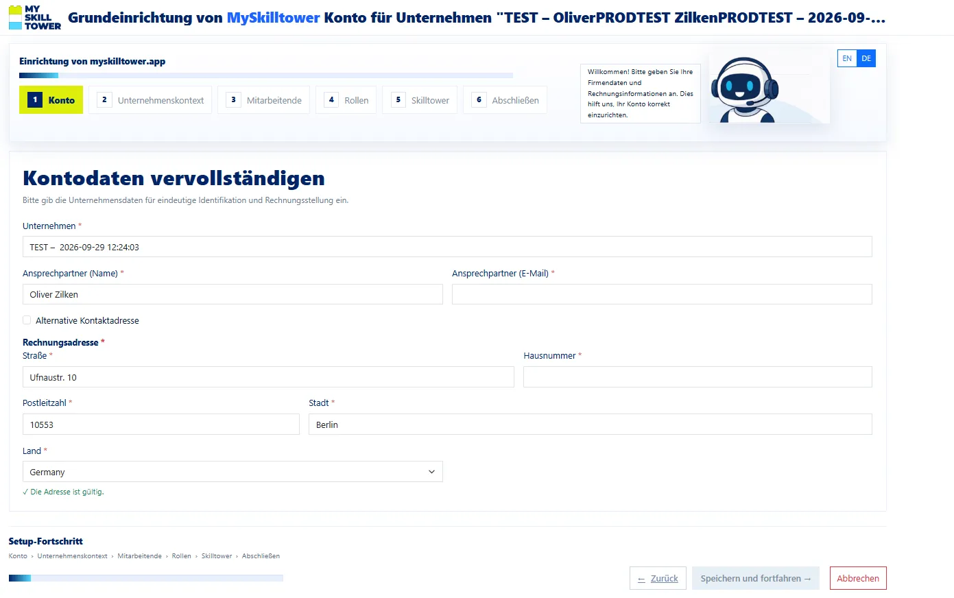 Einrichtungsassistent, Schritt 1: Kontodaten vervollständigen