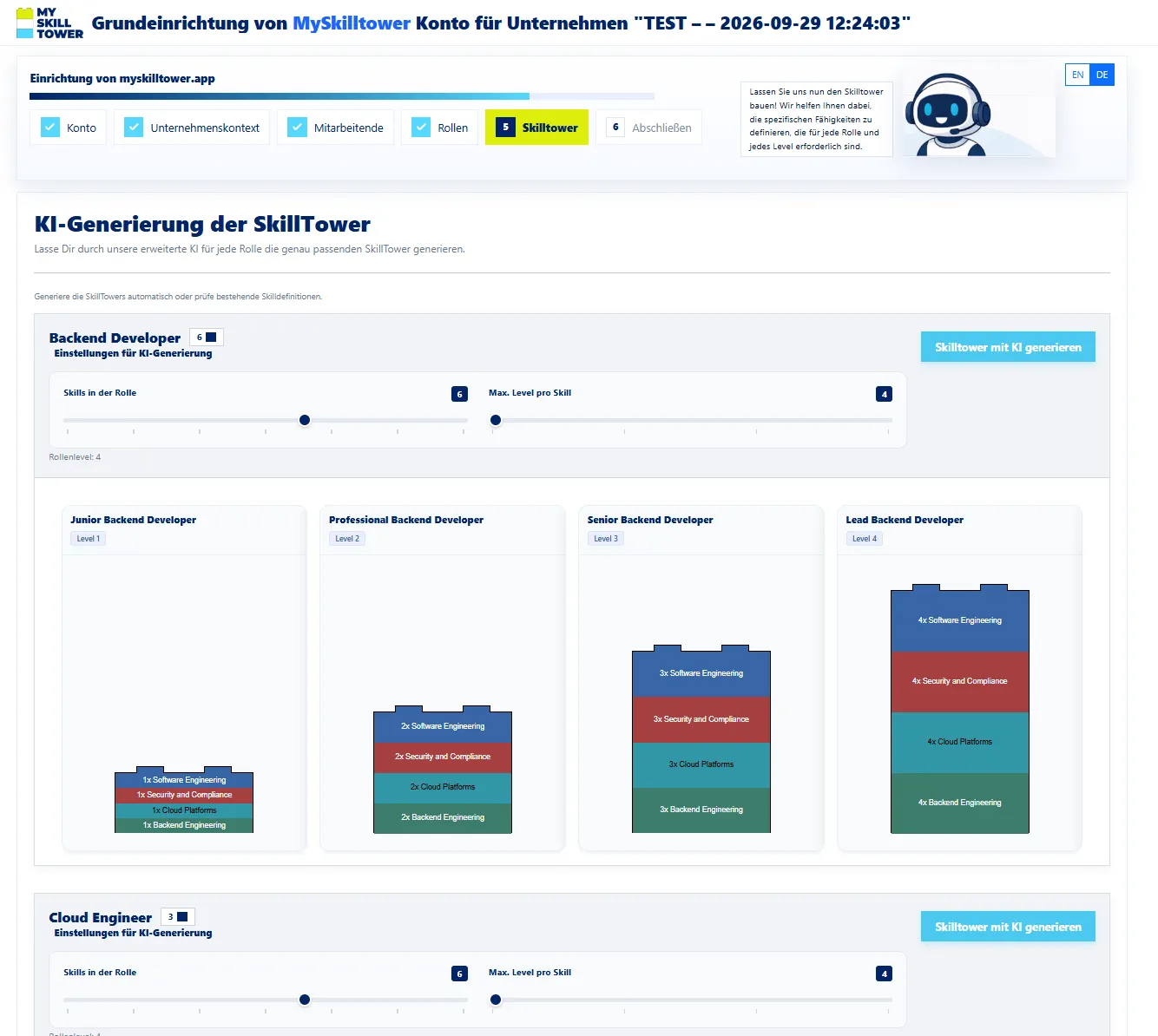 Einrichtungsassistent, Schritt 5: KI-Generierung der Skilltower je Rolle mit Reglern für Skills und Level
