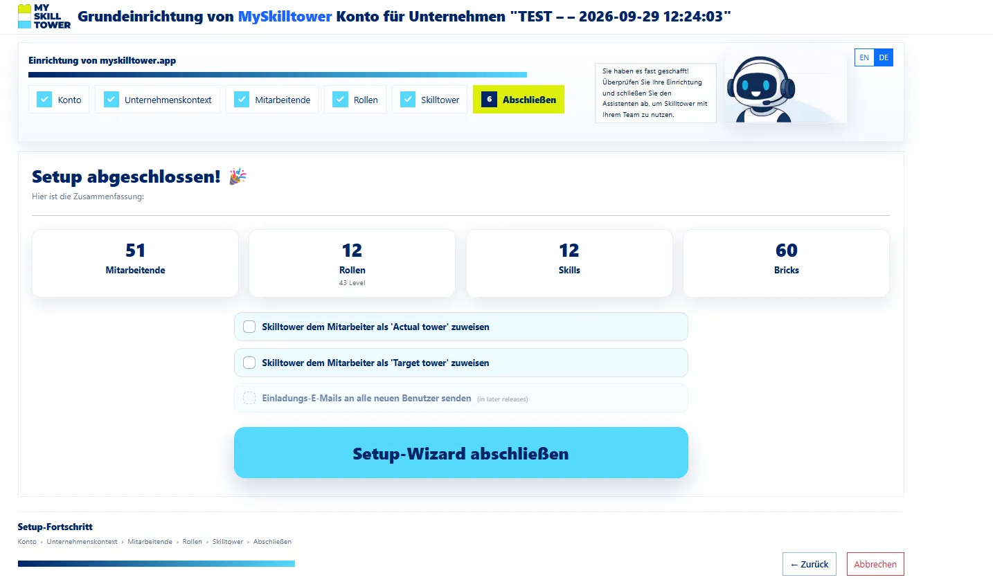 Einrichtungsassistent, Schritt 6: Zusammenfassung mit Mitarbeitenden, Rollen, Skills und Bricks